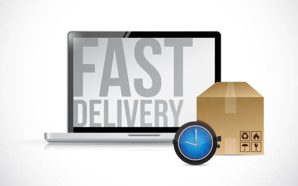 Laptop with a FAST DELIVERY written on the screen with a box beside it